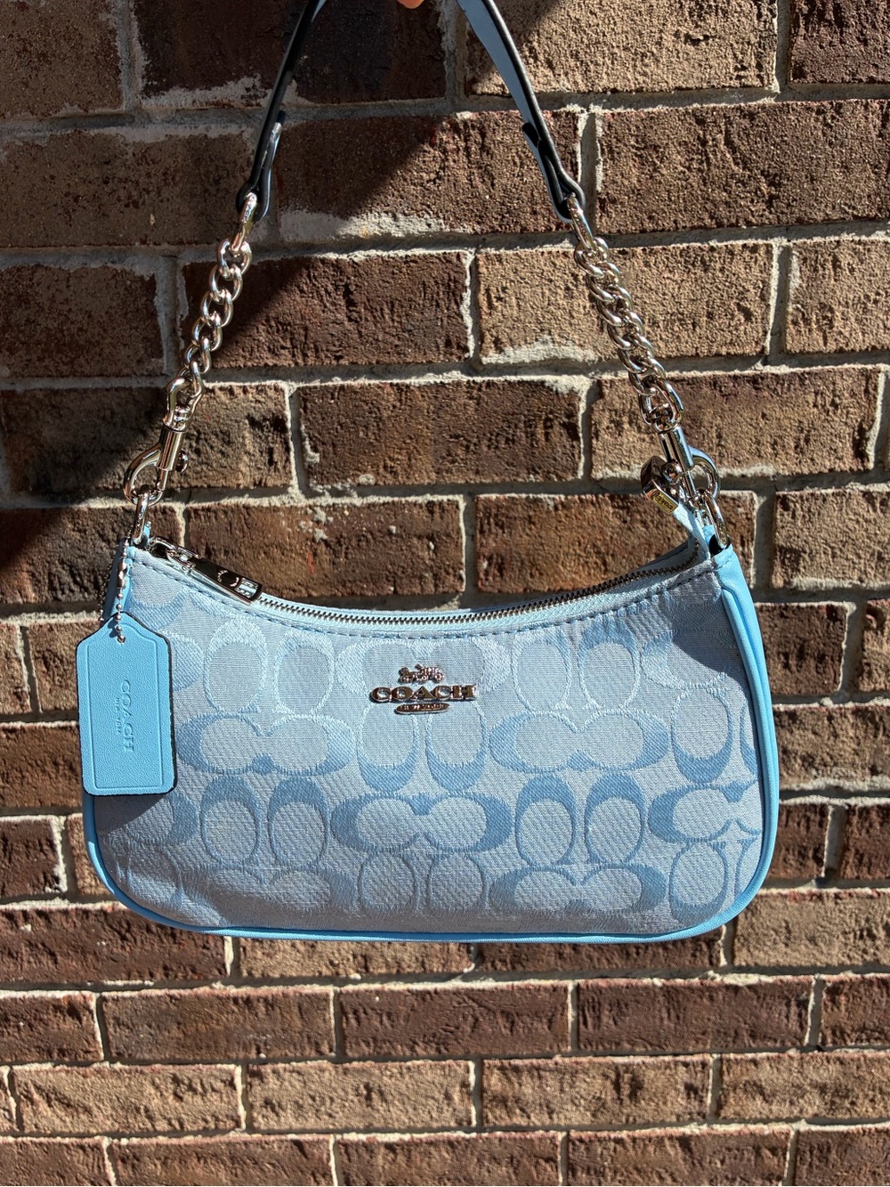 Coach Light Blue Signature Canvas Shoulder Bag with Chain Strap
